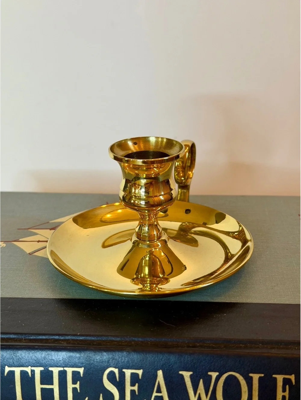 Vintage Solid Brass Chamberstick Candle Holder Finger Loop Handle Gold Tone